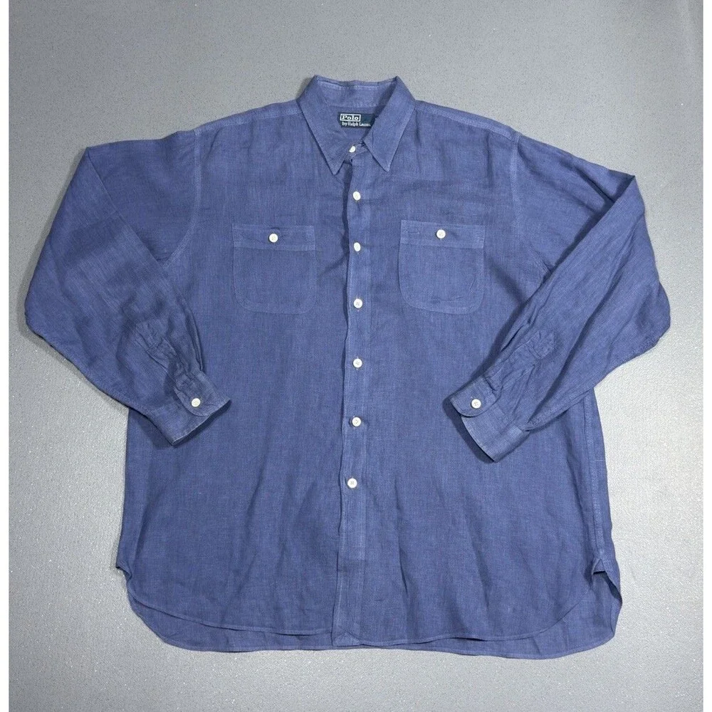 Vintage Polo Ralph Lauren Linen Shirt Mens Large Blue Long Sleeve Dual Pocket⁠